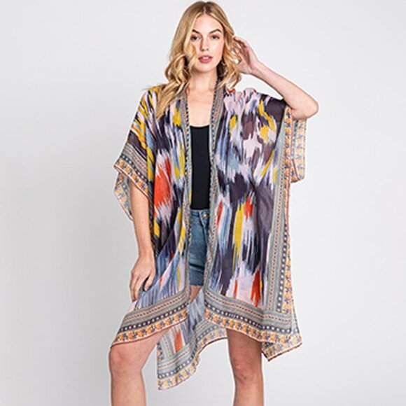 DIONA J GEOMETRIC TRIM TIE DYE PRINT KIMONO CARDIGAN ONE SIZE COLOR NAVY - Picture 3 of 7